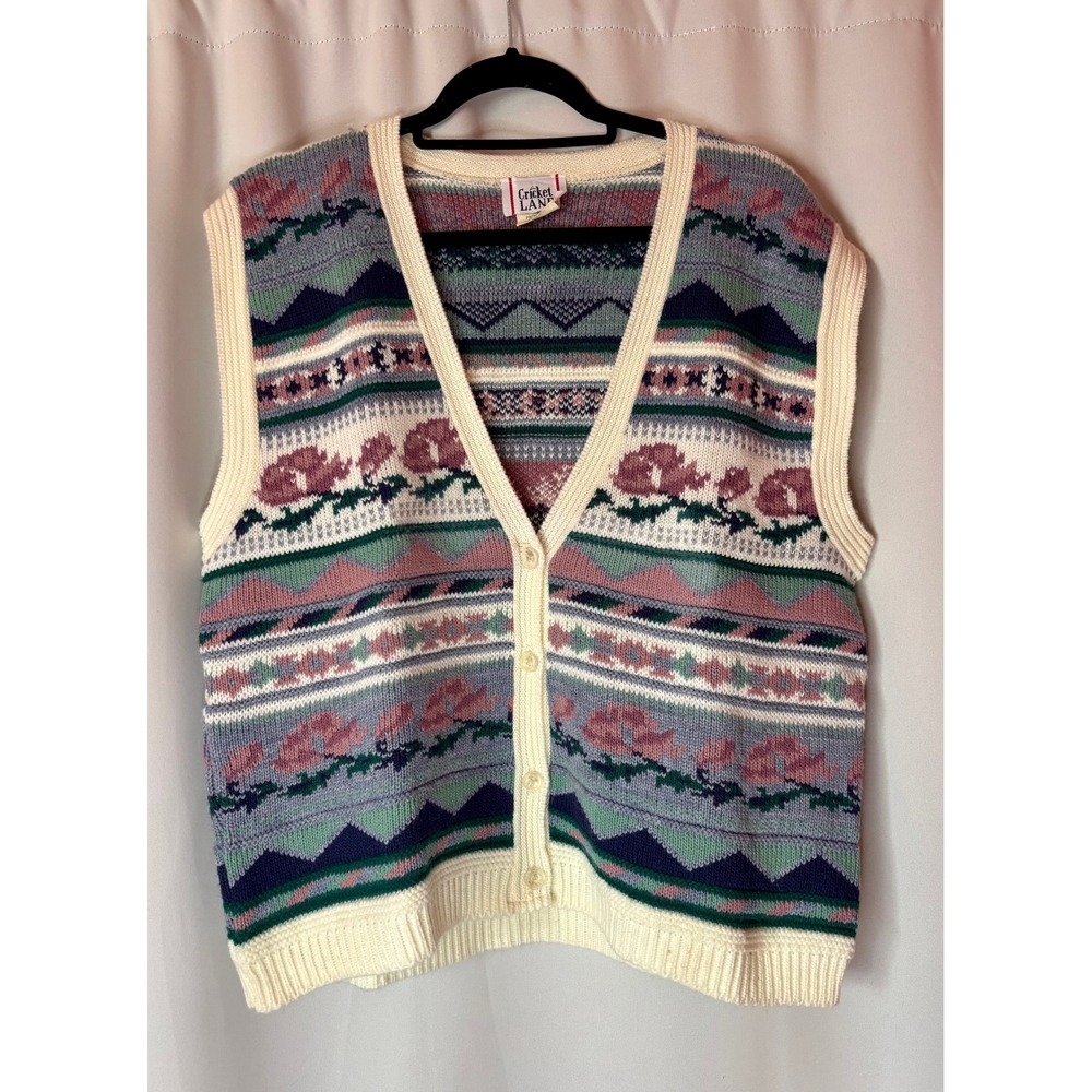 Cricket Lane Vintage 90s Floral Fair Isle Knit Sweater Vest Medium Made in USA
